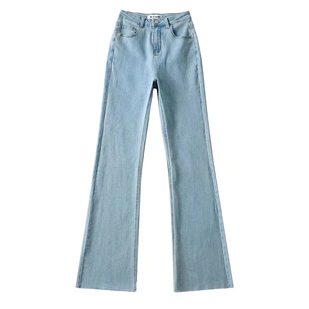 Raw Edge High Waist Denim Flared Pants Trendy Women's Clothing - Light Blue