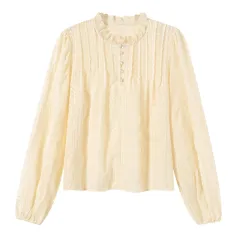 Women's New Embroidered Hollow Lantern Long Sleeve Shirt - Apricot - View 1