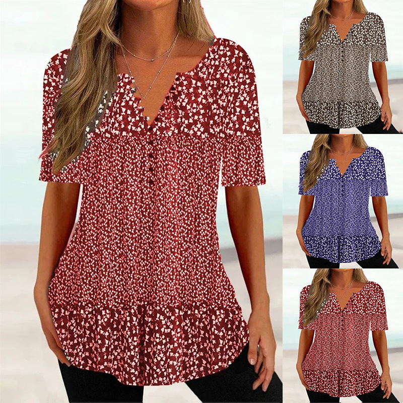 Title 2, Loose V-neck Short Sleeve Button Printed T-shir...