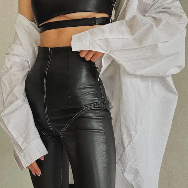 PU Leather Elastic Skinny Pants High Waist Stitching Hip Leggings Black - Shop at LoveMi