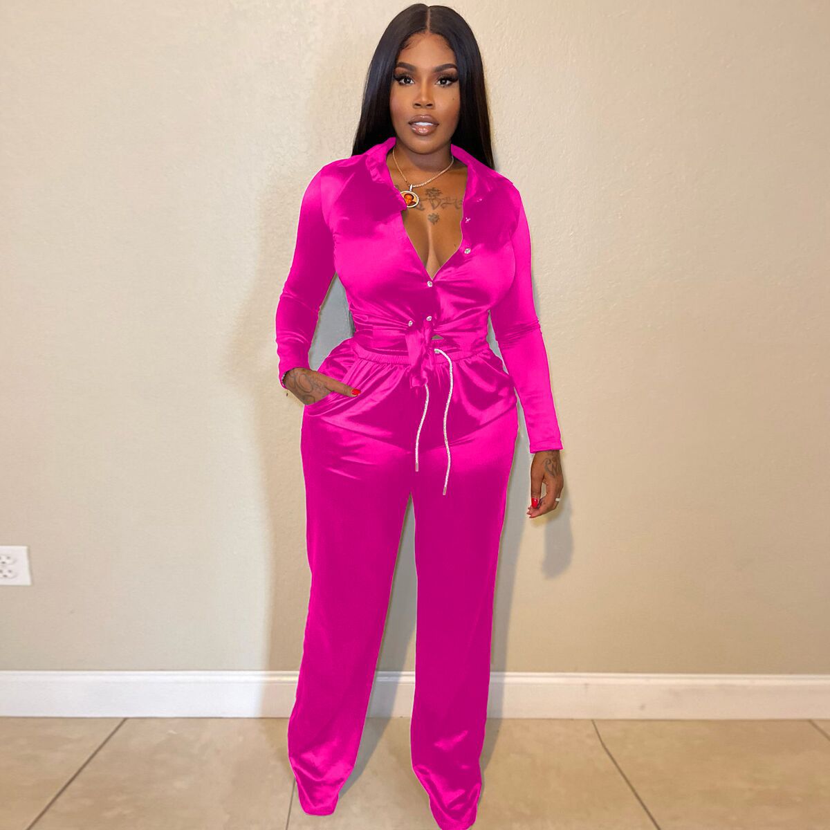 Ladies Stretch Satin Strap Casual Two Piece Set