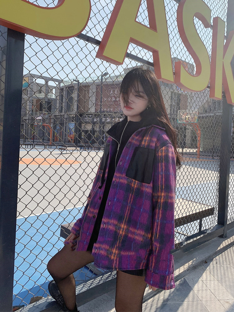Creative Simple Purple Plaid Shirt-style Woolen Coat