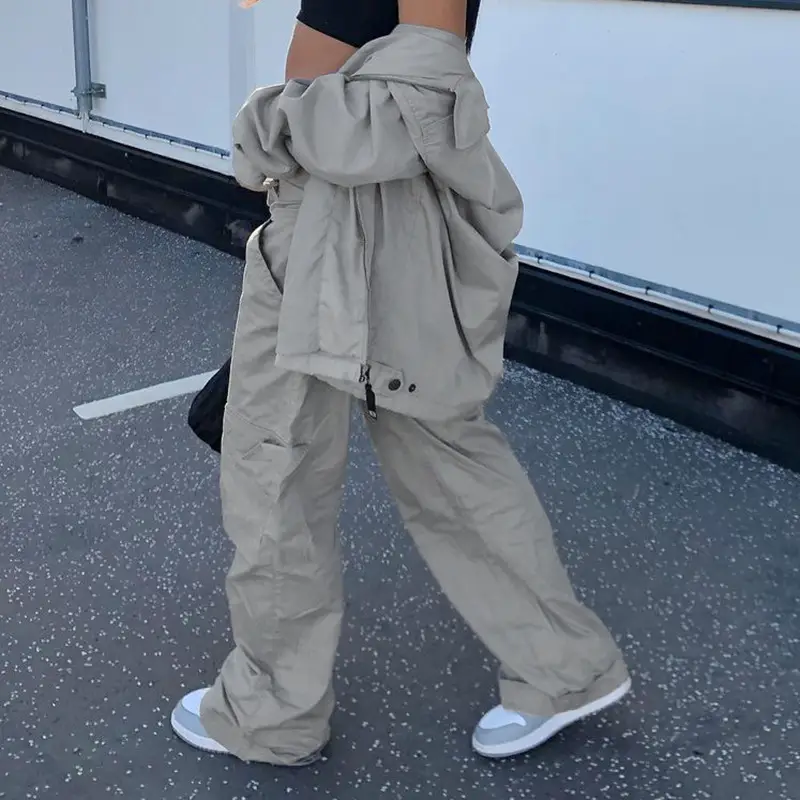Double Button Waist Design Solid Color Wide Leg  Multi-pocket Daddy Pants