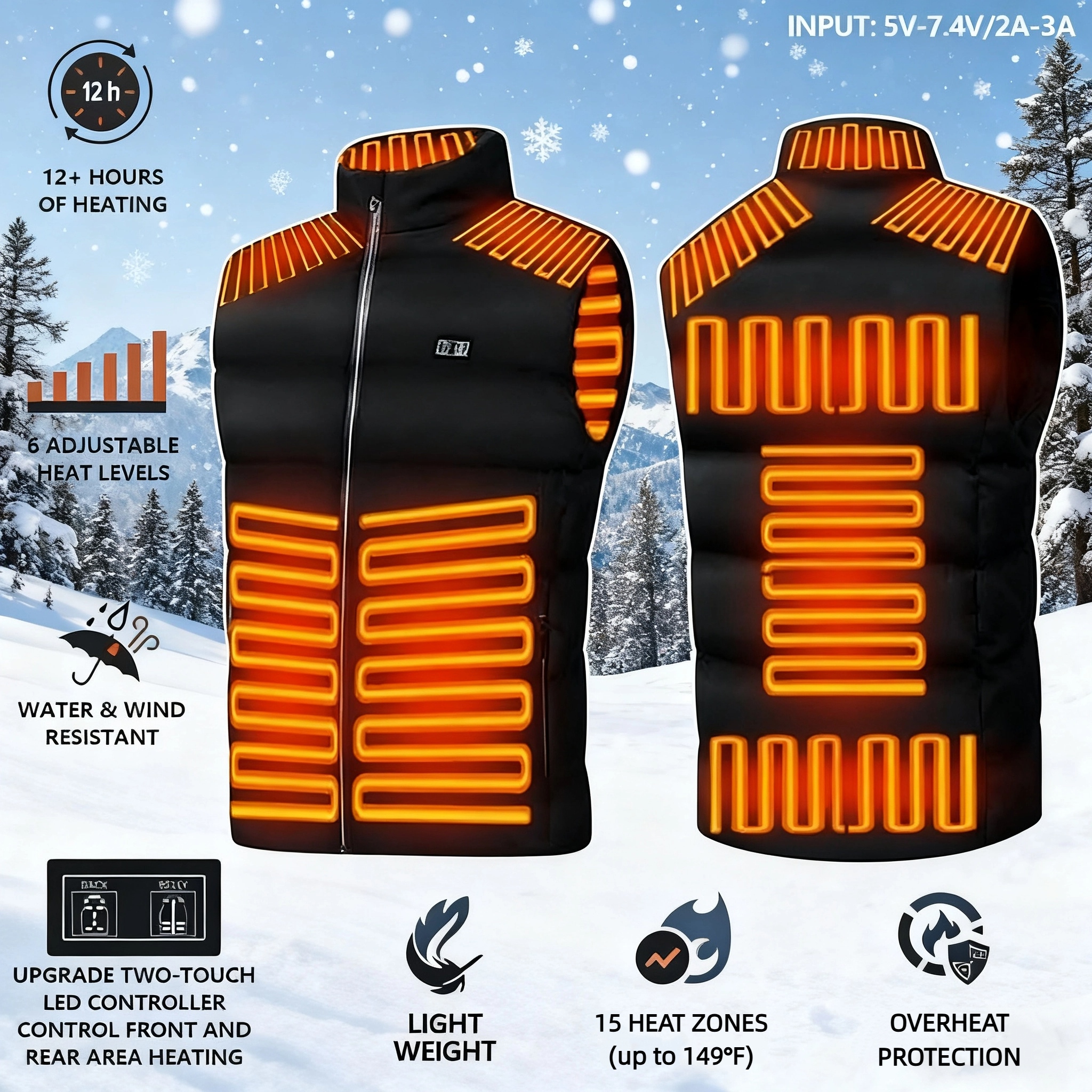 2026 Updated Version Two-touch 15Heat Zones LED Controller Heated Vest For Men & Women With Battery Pack