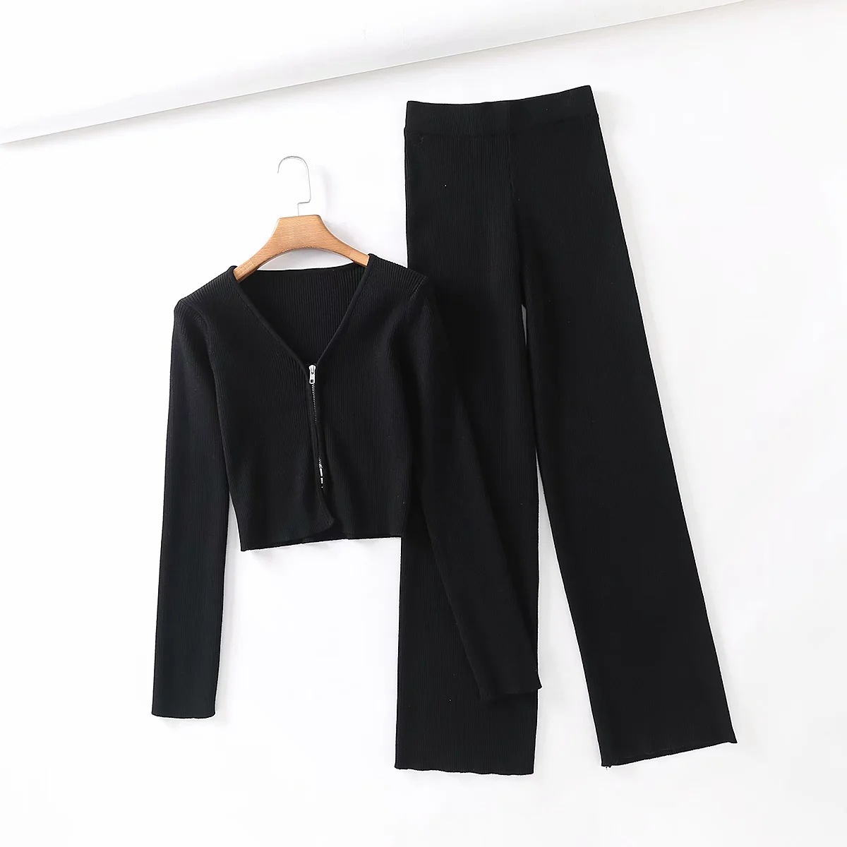 Threaded V-neck Double Zipper Slim Knitted Top High Waist Straight Pants Casual Suit Women