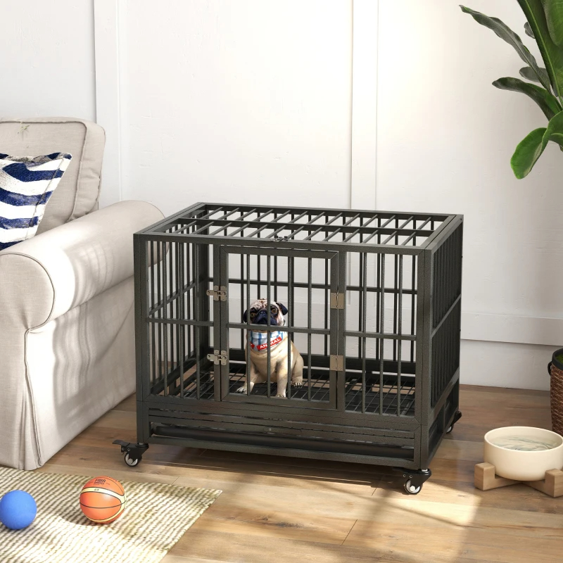 Heavy Duty Dog Crate Metal Cage Kennel With Lockable Wheels, Double Door And Removable Tray, Gray