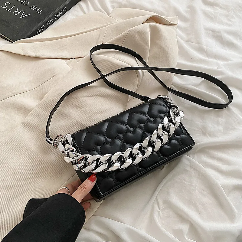 Heart-Shaped Unique Embroidered Single Room Crossbody Bag - Black