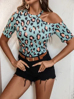 Summer New Off-the-shoulder Leopard Print T-shirt Short Sleeves - Blue - View 1