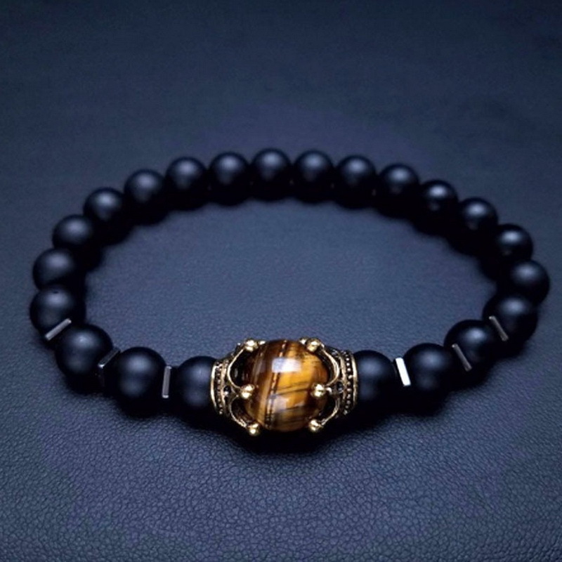 8mm Men Hematite Natural Crystal Bracelet Healing tiger Eye Beaded Crown - Picture 1 of 7