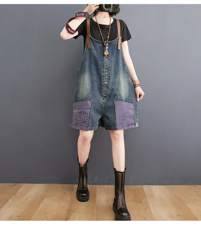 Personality Retro Contrast Color Casual High Waist Slim Denim Overalls Purple Blue - Shop at LoveMi