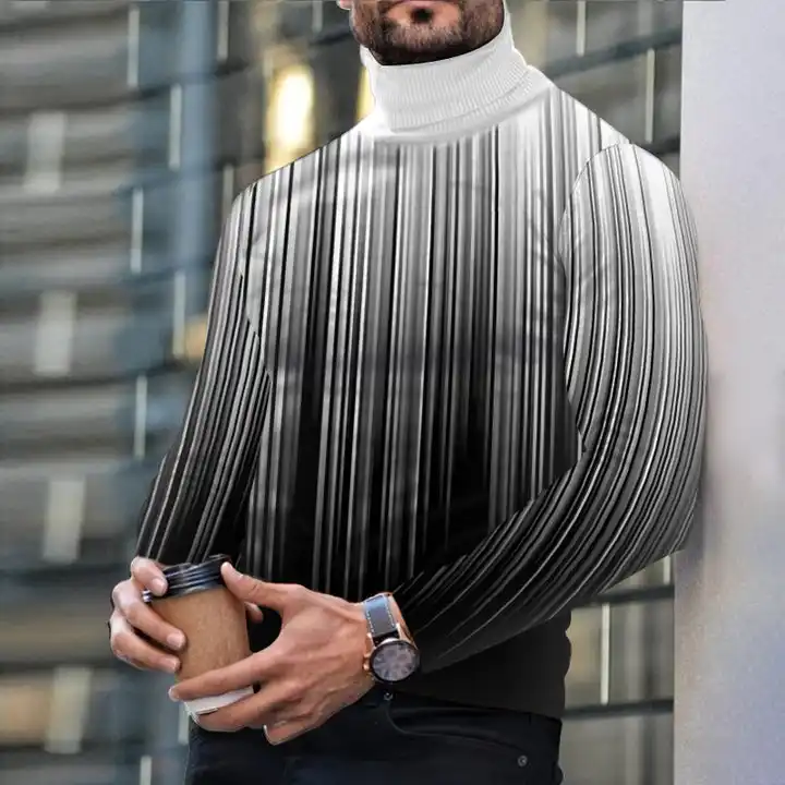 Autumn Winter Men's Long Sleeve Turtleneck T Shirt Printed Casual Top