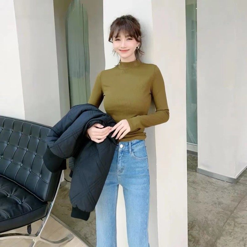 Stand Collar Slim Long Sleeve With Sanding And Cashmere T shirt Inside Tan - Shop at LoveMi