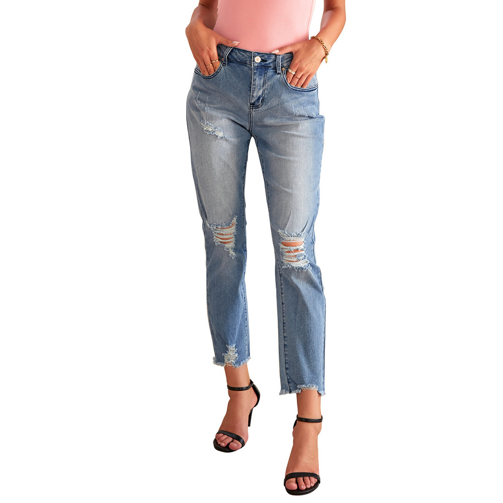 Fashion Sexy Ripped Raw Edge High Waist Ladies Cropped Jeans