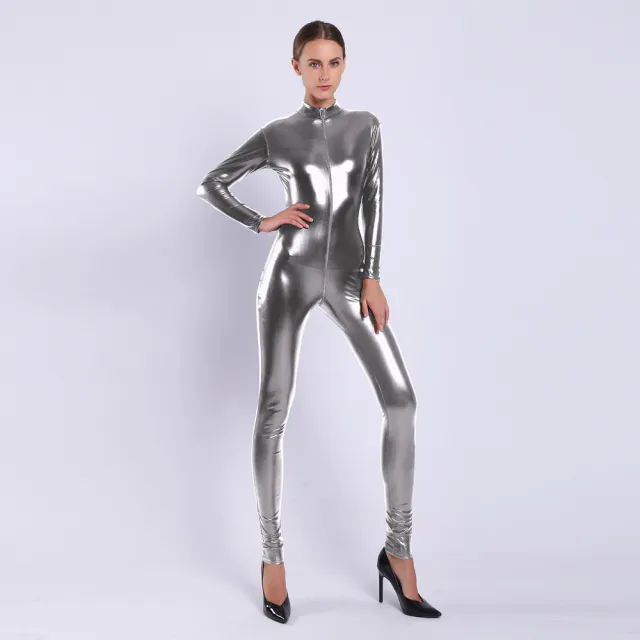 Women's Rubberized Faux Leather Shiny Bodysuit Grey - Shop at LoveMi