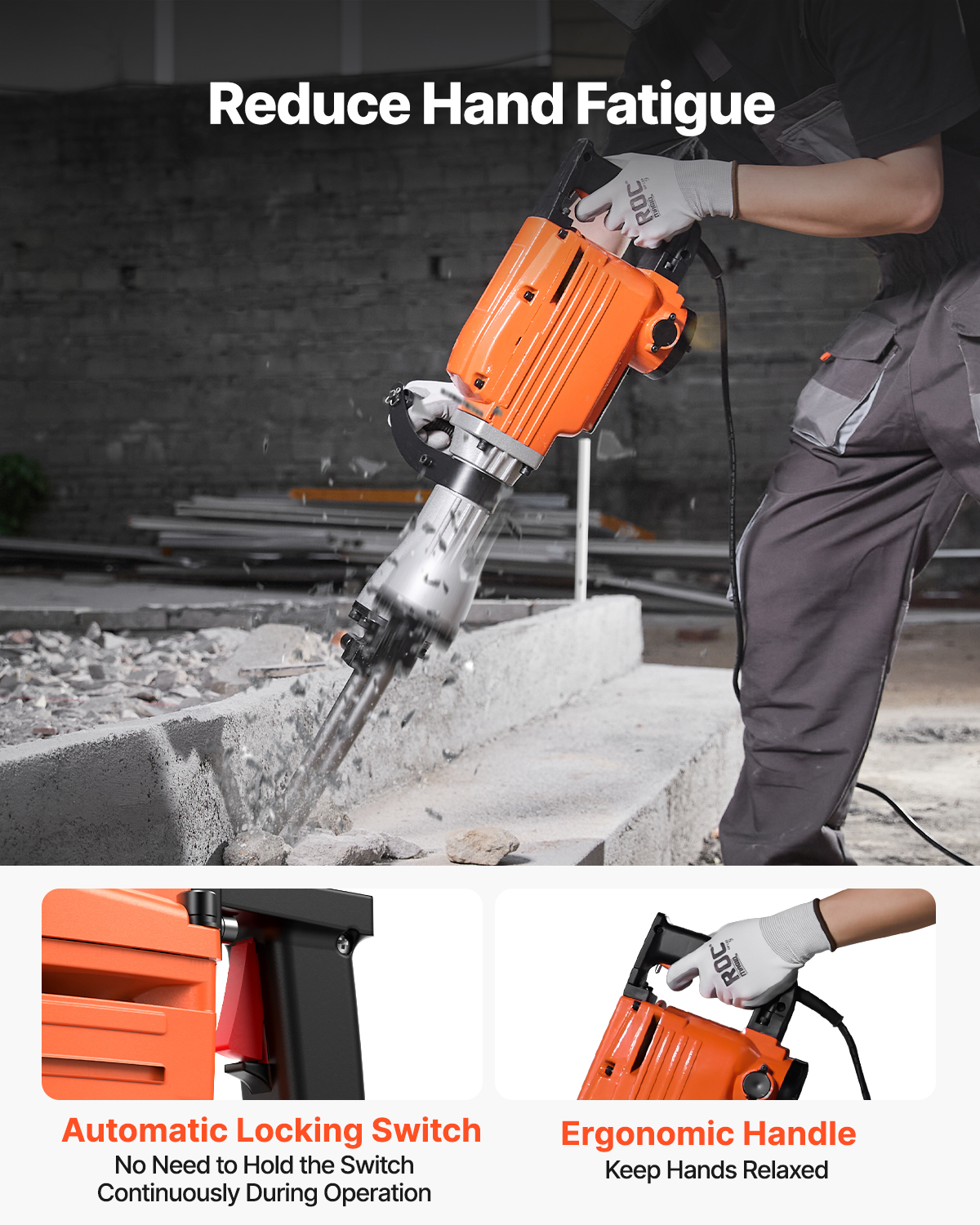 VEVOR Demolition Jack Hammer Concrete Breaker 2200W Electric Hammer 6 Chisel Bits image 3