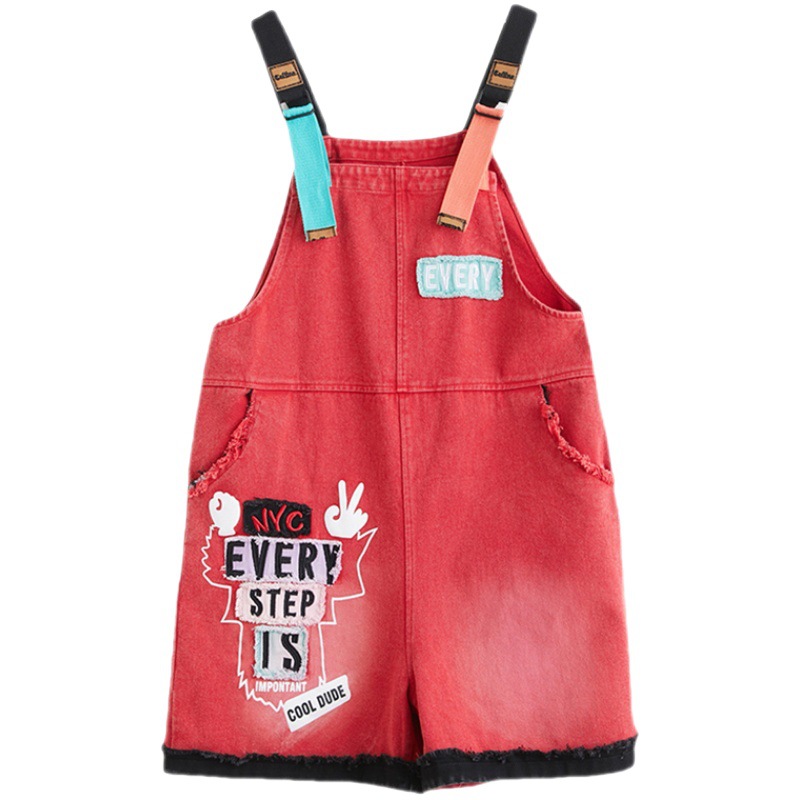 Large Size New Fashion Embroidered Denim Overalls Shorts Women Red - Shop at LoveMi