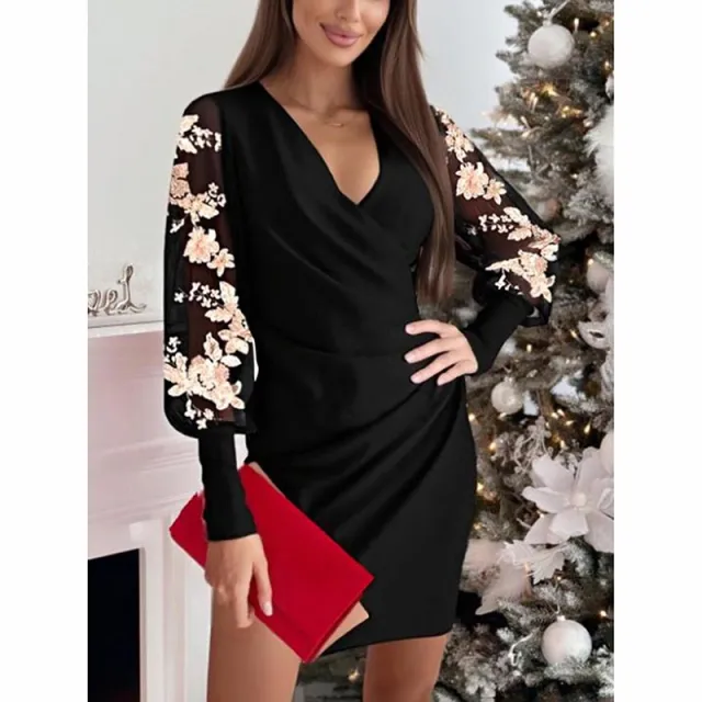Women's Lace Long Sleeve V Neck Pleated Party Club Cocktail Bodycon Mini Dress Black3 - Shop at LoveMi
