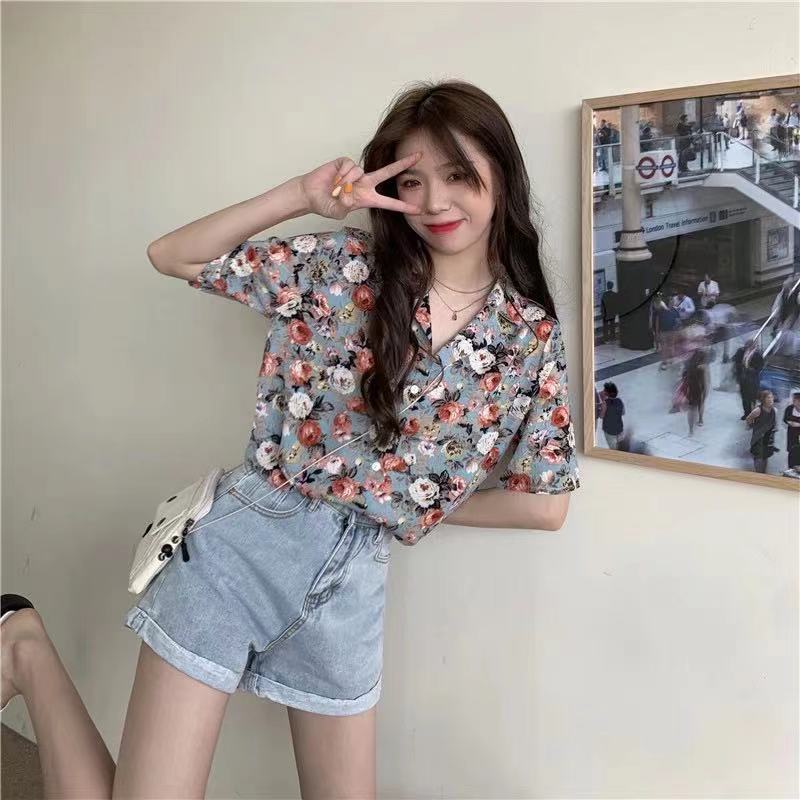 Title 2, V-neck Floral Top Retro Hong Kong Style Loose, ...