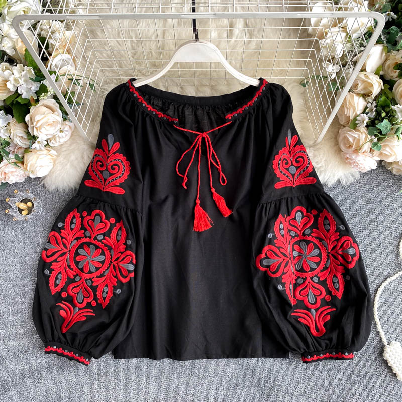 Ins Travel Shot Retro Ethnic Heavy Industry Embroidery Lace-up Tassels V-neck Foreign Style Lantern Sleeve Top Women Loose And Wild