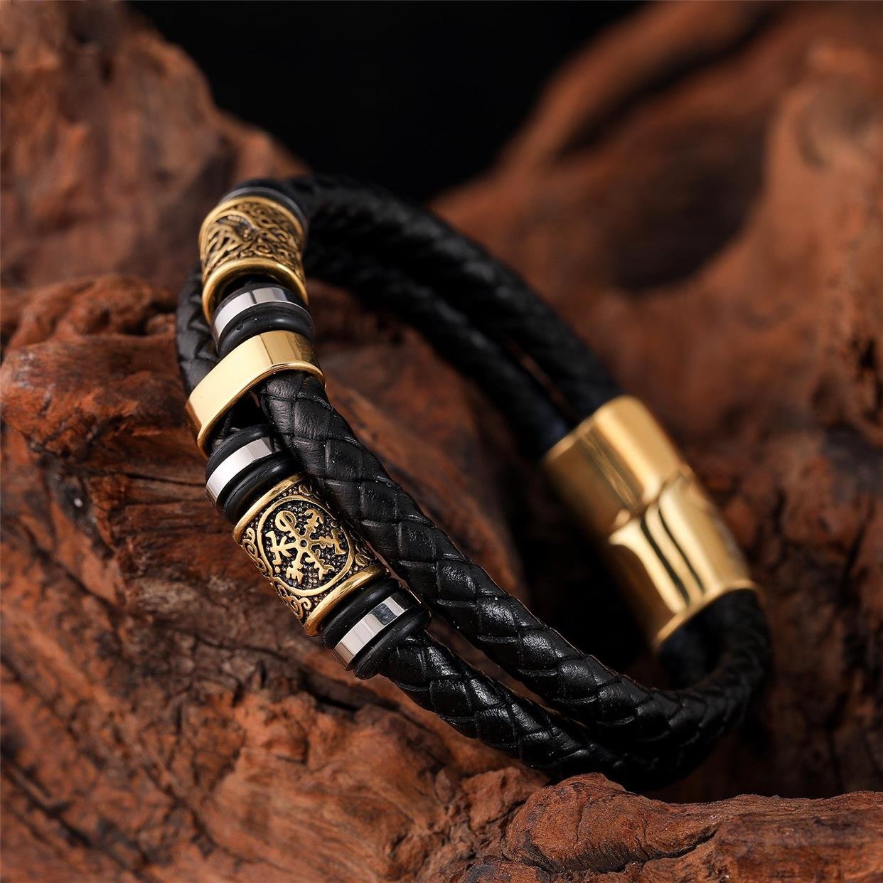 Stainless Steel Gold Double Bar Leather Hand Braided Bracelet