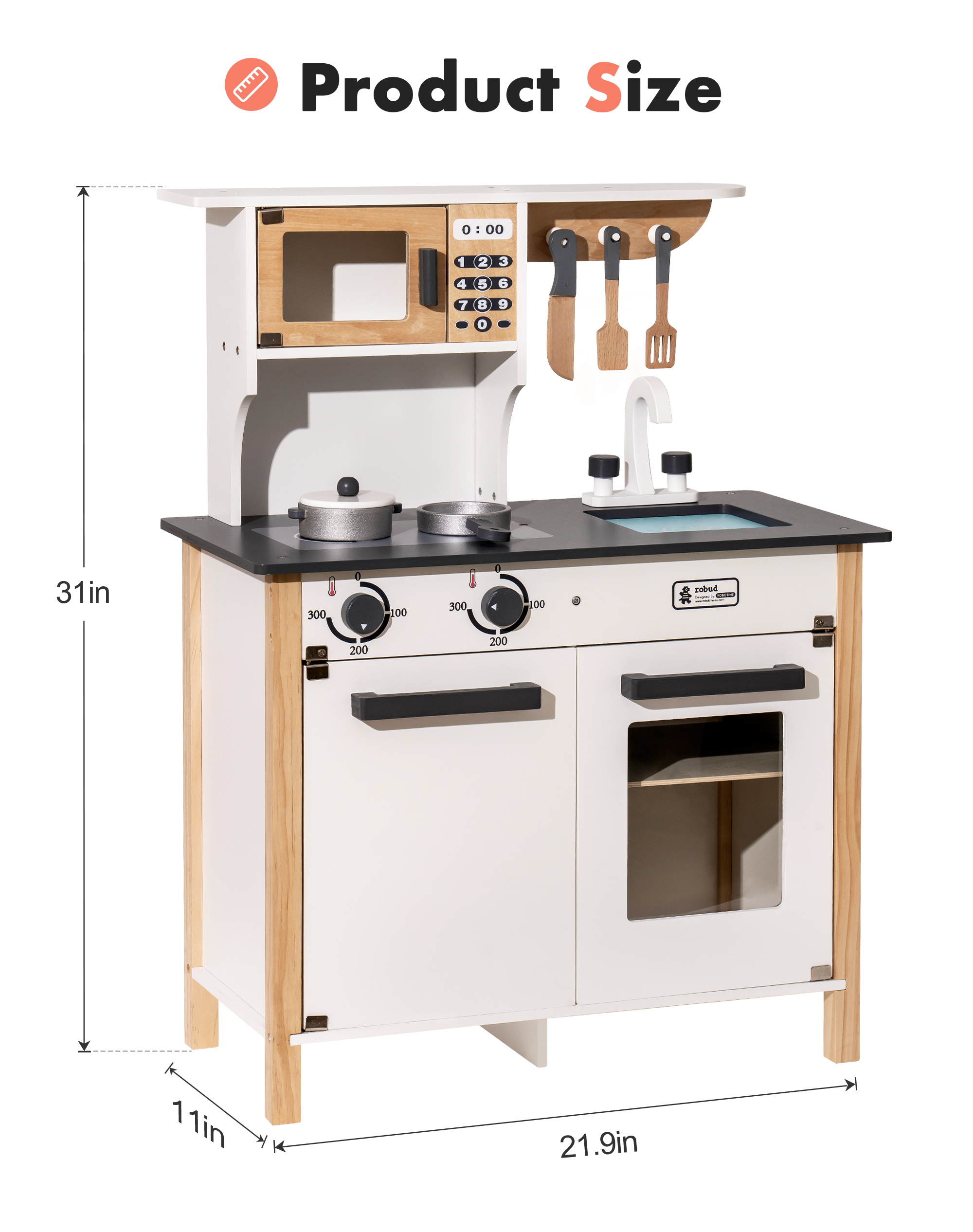 Robotime Kids Cooking Toy Set Kitchen Playset. Brand: Robotime Material: MDF Age: 5+ Assembly size: 21.9 x 11 x 31 inch Product Display. WG010B