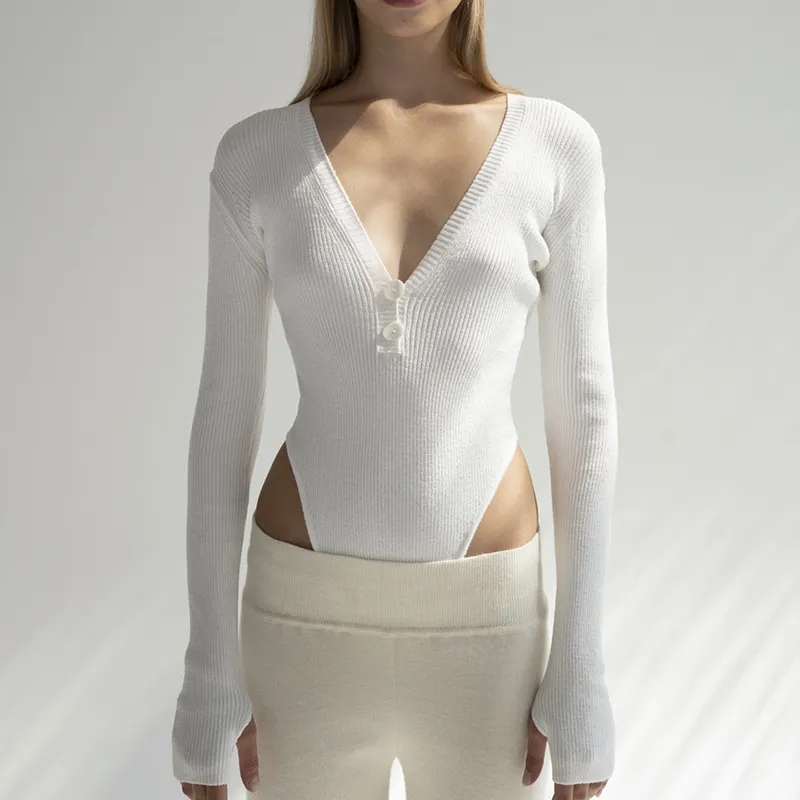 Cotton Bottoming Shirt Long-sleeved Fingerless Design V-neck T-shirt - White