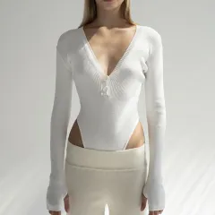 Cotton Bottoming Shirt Long-sleeved Fingerless Design V-neck T-shirt - White - View 1
