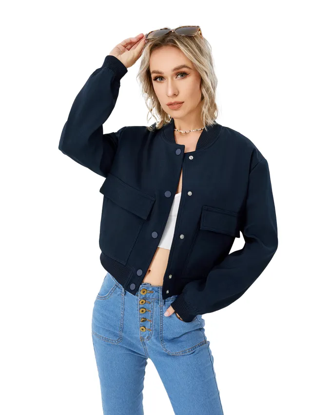 Women's Lightweight Cropped Bomber Jacket Casual Long Sleeve Varsity Jacket With Pocket Fashion Y2k Jacket Streetwear Navy - Shop at LoveMi