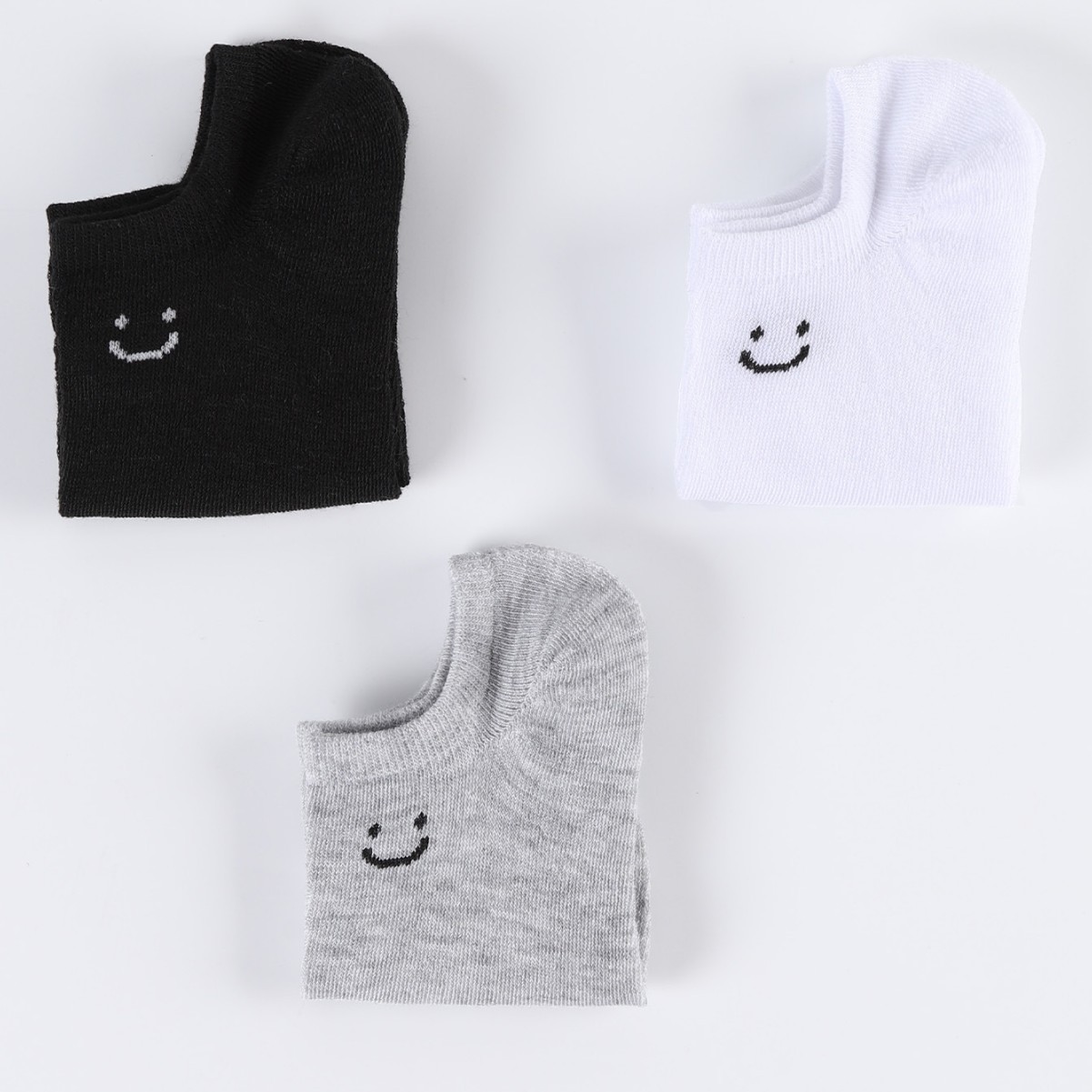 Minimalist Smile Face No Show Socks, Black White Gray Basic Low-Cut Liner Socks, Women's Non-Slip Casual Socks For Flats & Sneakers