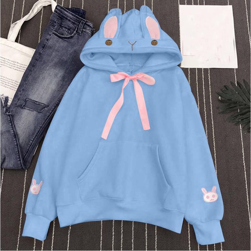 Women's Autumn And Winter Embroidered Cute Rabbit Ear Pocket Hoodie Blue - Shop at LoveMi