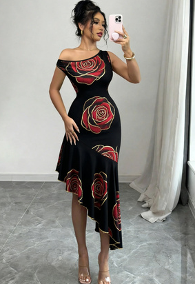 French-style Elegant Floral Print Off-shoulder Asymmetrical Fishtail Dress For Women