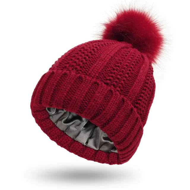 Winter Knitted Hats Fashion Stretchy Lined Skull Hats For Women Faux Fur Pom Pom Hat Keep Warming Beanie Hat Wine Red - Shop at LoveMi
