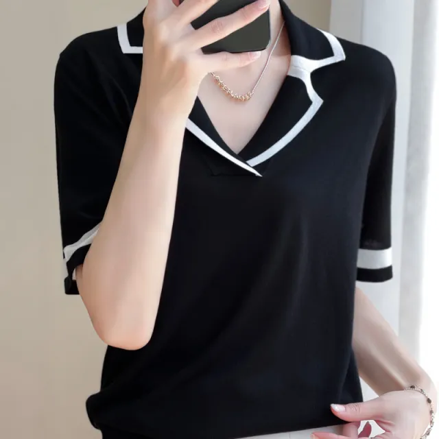 Color Matching Simple Short Sleeved Shirt New Summer Lapel Polo Black - Shop at LoveMi