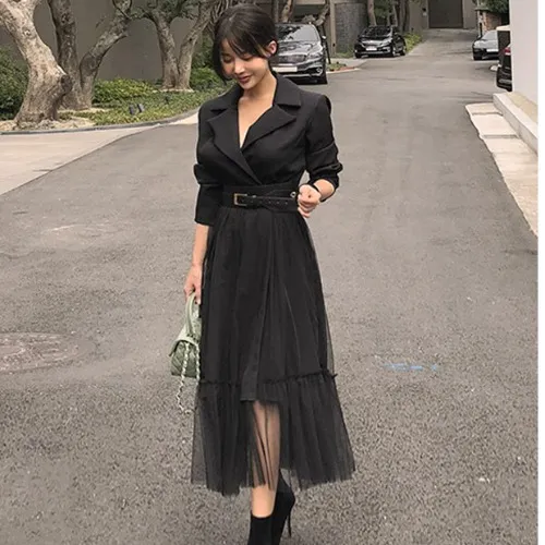 Fashionable Stitching A line Mesh Dress Black - Shop at LoveMi
