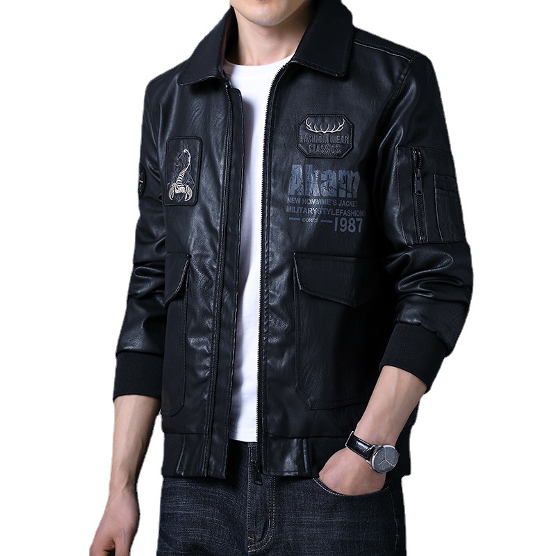 Men's Leather Jacket With Lapel PU Embroidered Leather