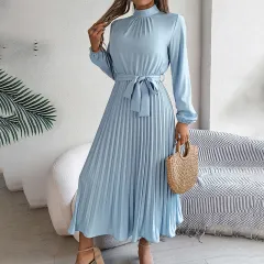 Elegant High Neck Long Sleeve Pleated Maxi Dress - Solid Color Flowy Dress For Women, Casual To Formal Wear - Light Blue - View 1