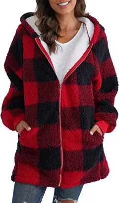 European And American Plush Women's Coat Long Sleeved Plaid - Red - View 1