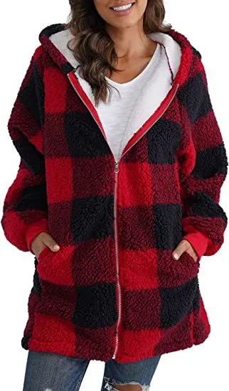 European And American Plush Women's Coat Long Sleeved Plaid - Red