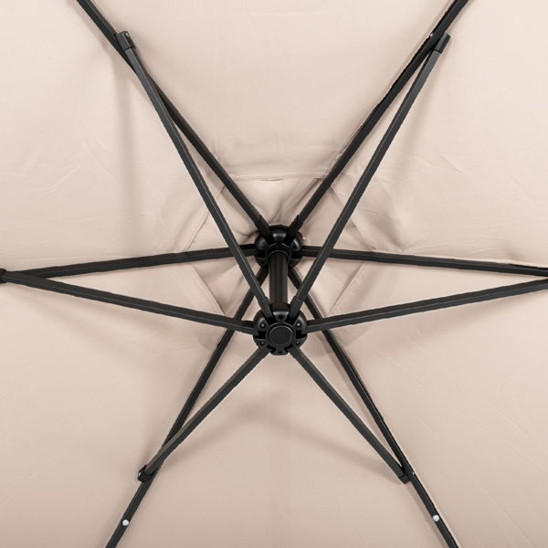 10FT Round Banana Hanging Patio Umbrella With 18 LED Lights, 6 Iron Ribs, Iron Straight & Curved Pole, Waterproof Polyester Canopy, With Stand Sleeve And Cross Base, Khaki