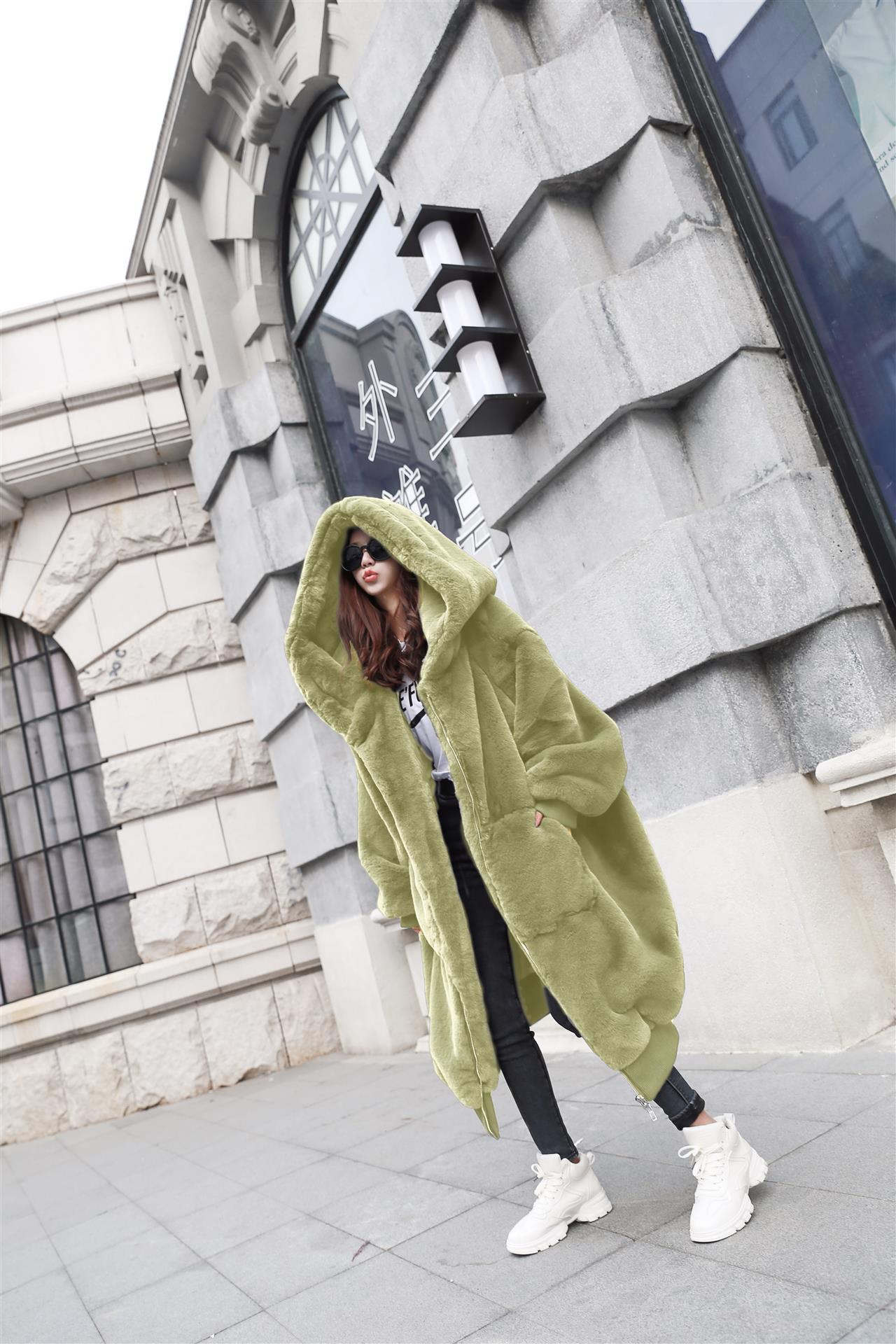 Rex Rabbit Fur Thickened Long Hooded Fur Coat Women Green - Shop at LoveMi
