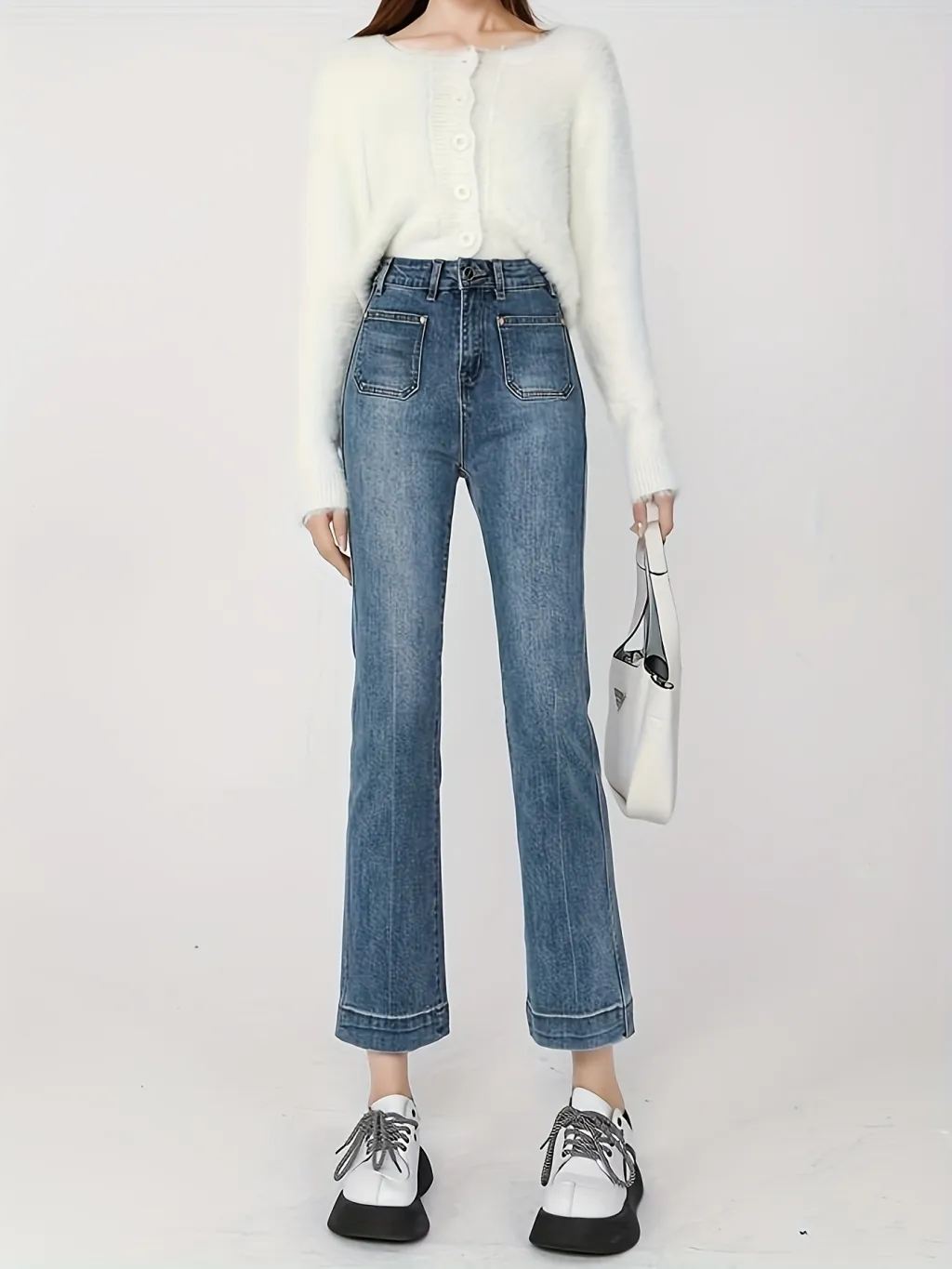 High Waist Straight Leg Women's Cigarette Pants Slimming Petite Nine Point Flared Pants - Blue