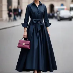 Women's Button Down Midi Dress, Long Sleeve V-Neck Tie Waist Casual Dress - Navy Blue - View 1