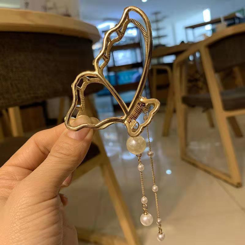 Metal Bow Pearl Pendant Hair Clip