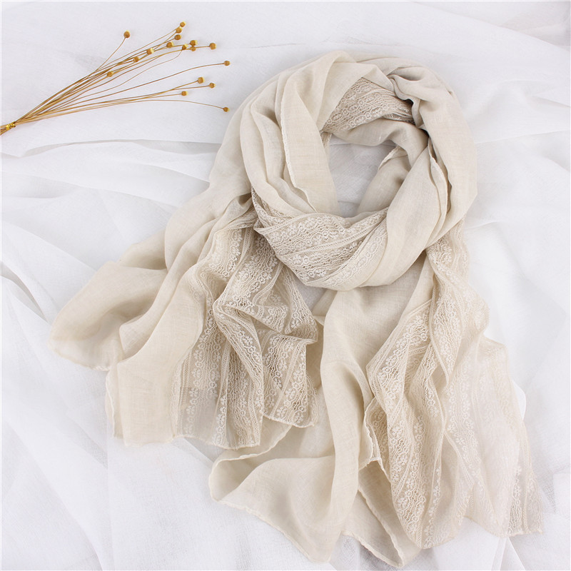 Lace Stitching Cotton And Linen Long Solid Color Scarf Shawl