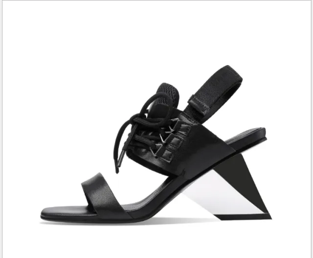 Women Shoes Special shaped Heel High heeled Leather Color Matching Strap Summer New Foreign Trade Sandals Black - Shop at LoveMi