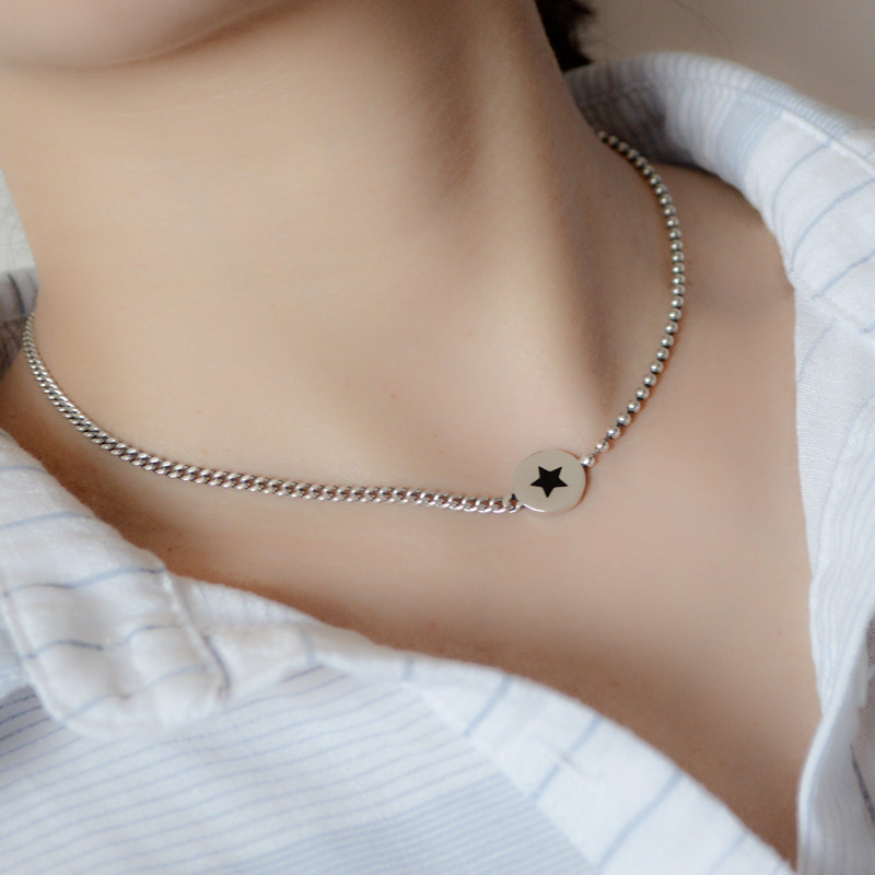 925 Silver Retro Stitching Chain Asymmetric Necklace
