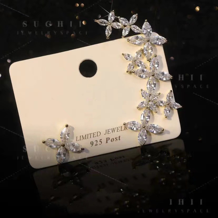 Zircon FlowerNiche Design Asymmetrical Fashion Stud Earrings