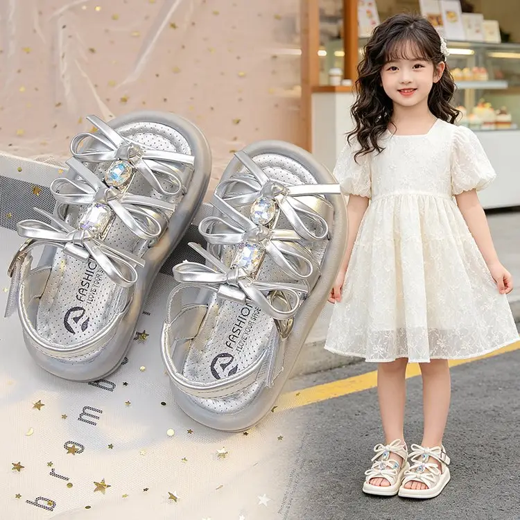 Girls' Summer Sandals, Cute Princess-style Roman Shoes With Bows And Rhinestones, Thick-soled Open-toe Sandals For Little And Big Girls