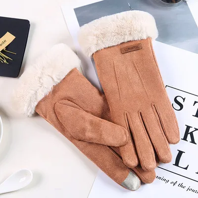Women's Black Fur Winter Driving Gloves Windproof And Warm Touch Screen Khaki - Shop at LoveMi
