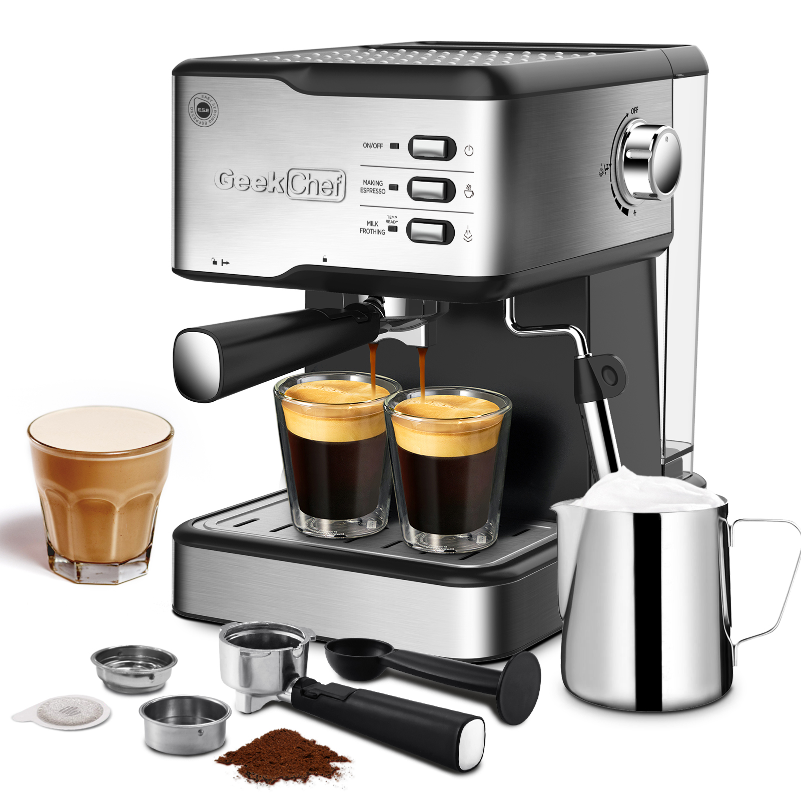 Geek Chef 20 Bar Espresso Machine | ESE POD Compatible & Milk Frother for Latte